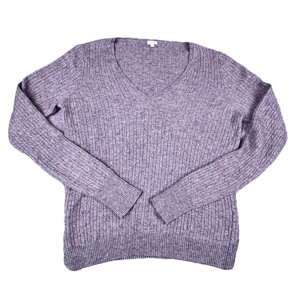 Y2K J.Crew Sweater Cable Knit Deep V-neck Grey Women’s M Wool Cashmere Blend